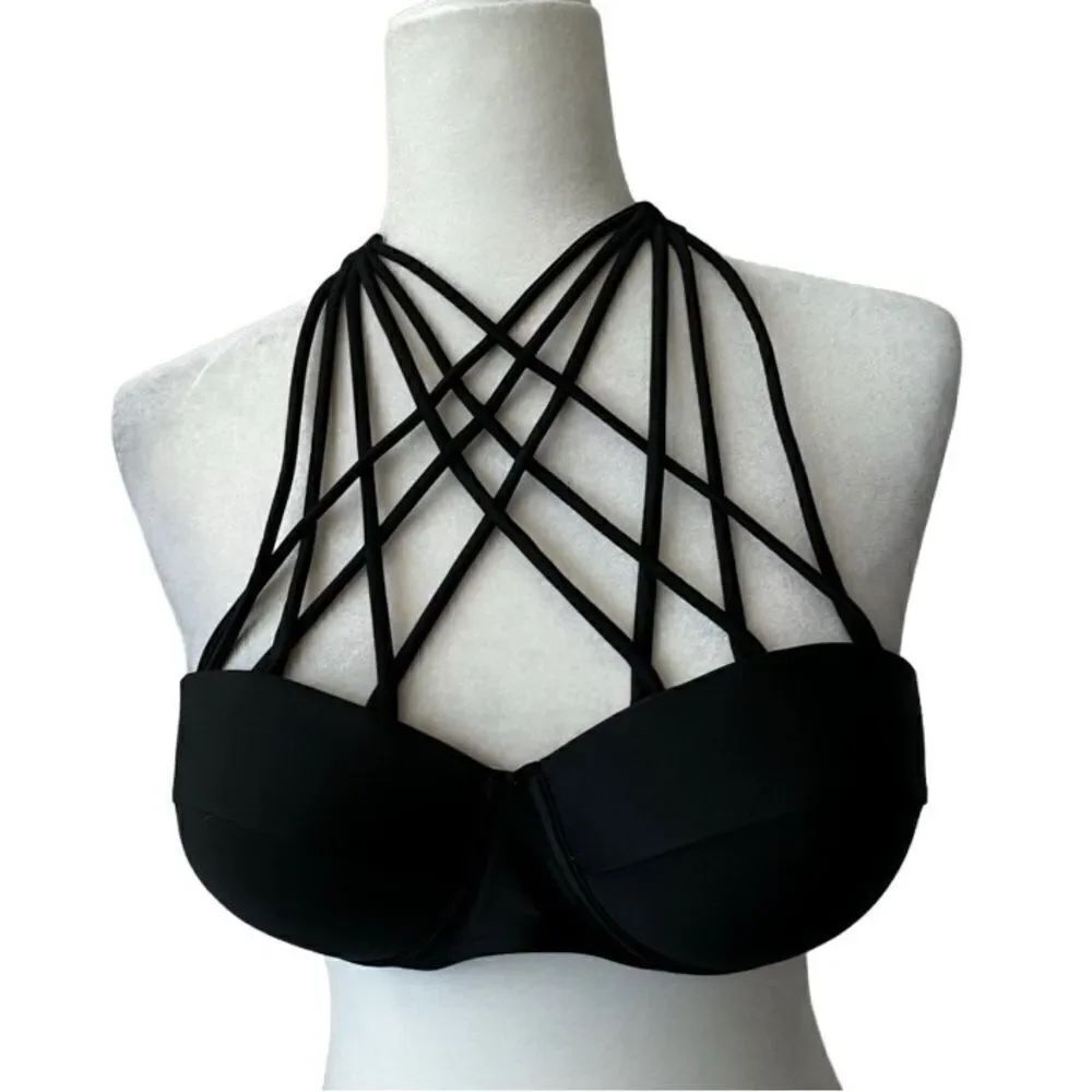 Black Bikini Top Strappy Halter Style SZ S